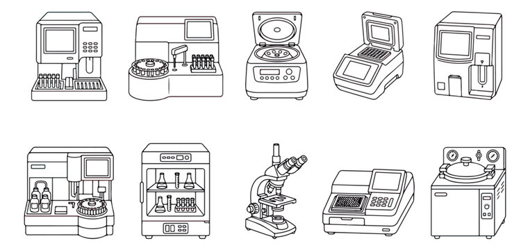 Laboratory equipment line icons set, medical diagnostic machines and scientific research tools, 10 professional biotech lab instrument vectors