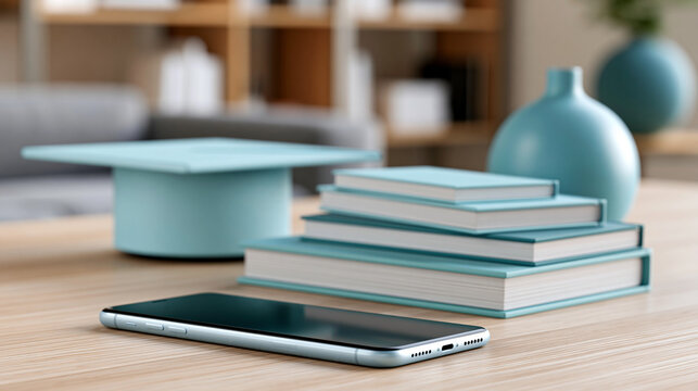 Digital online education and e-learning concept on smartphone with books and graduation cap in 3D render, digital learning concept, education technology photography, blurred