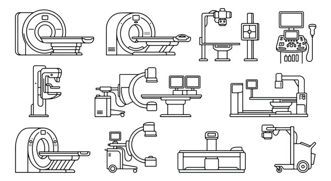 Medical imaging equipment line icons, MRI and CT scanner vector set, radiology diagnostic machines for hospital healthcare infographics