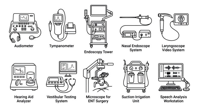 ENT medical equipment icons set, professional otolaryngology diagnostic tools vector, 10 clinical hearing and endoscopy systems for healthcare