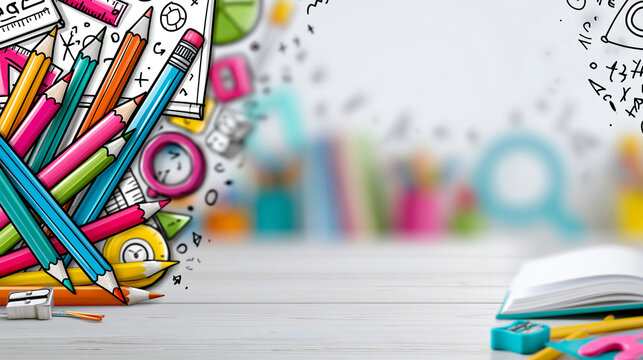 Back to school sketchy vector elements with stationery and math doodles representing educational creativity, academic illustration concept, design photography, blurred neutral