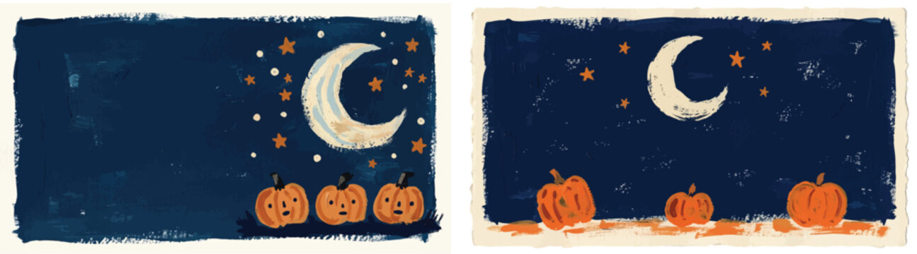 Two rectangular hand-painted illustrations display orange pumpkins resting beneath a crescent moon and stars against a textured navy blue night sky
