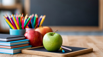 Naklejka premium Back to school concept with chalkboard and school supplies arranged for educational display, classic school concept, still life photography, blurred chalkboard background, with