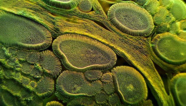 close up of green algae cells under microscope intricate cellular structure vivid details of cell walls and chloroplasts high magnification scientific study