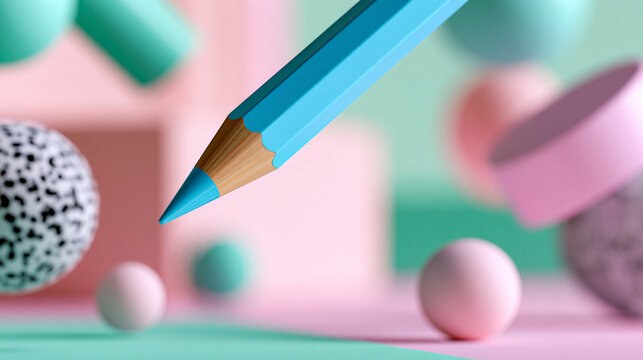Colorful blue pencil floating in mid-air surrounded by pastel shapes on soft pink and green background for back to school concept, creative education concept, art photography,