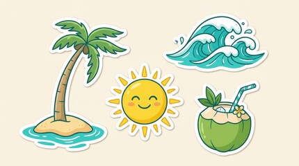 Fototapeta premium Summer Beach Tropical Travel Sticker Set with Palm Tree Sun and Wave