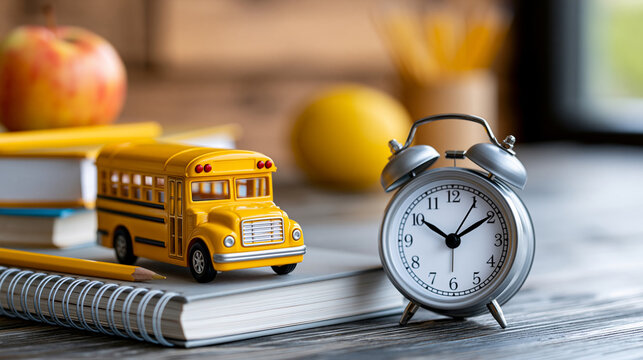 School back-to-school bus toy with yellow pencil stack book apple and alarm clock as education concept over wood representing elementary children student education and travel,