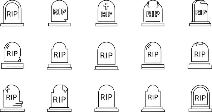 Minimalist tombstone icons collection, RIP gravestone line art, Halloween cemetery graphics, memorial illustration set, spooky death symbols design elements