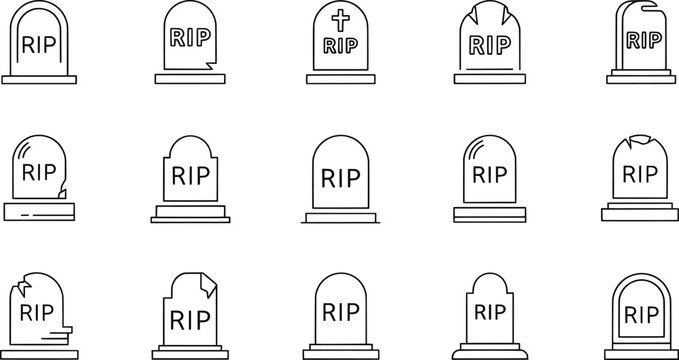Minimalist tombstone icons collection, RIP gravestone line art, Halloween cemetery graphics, memorial illustration set, spooky death symbols design elements
