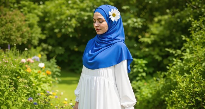 Woman wearing blue hijab and white dress with a flower in her hair standing in a lush garden, muslim fashion, modesty, summer nature outdoor
