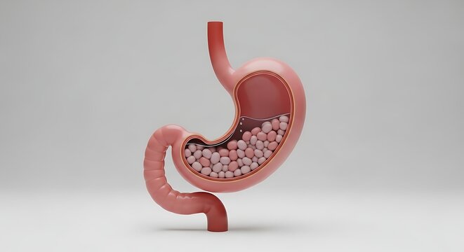 Cross section of a human stomach filled with small pills