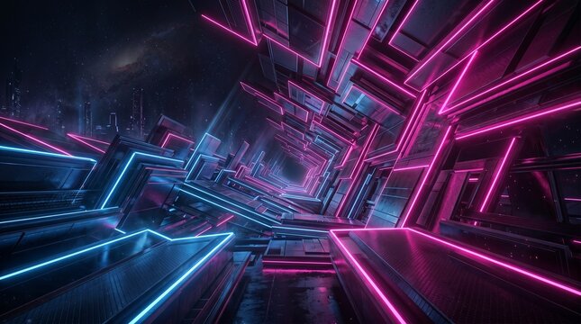 Futuristic tunnel with glowing pink and blue neon geometric lights