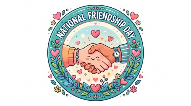 Two diverse hands shaking inside a decorative circular friendship emblem