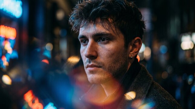 Young man with messy hair looking away with deep contemplation