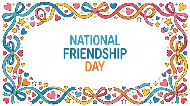 Colorful decorative border featuring ribbons hearts and stars for friendship day