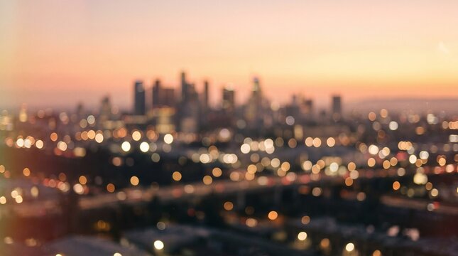 Blurry urban cityscape illuminated by soft glowing golden sunset lights