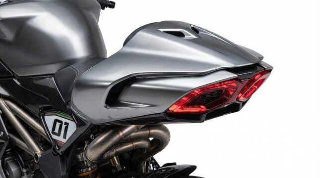 close up of modern sports motorcycle rear tail with red led lights and exhaust pipes on white background. fast superbike design and racing concept. motorbike detail. copyspace, banner, website header.