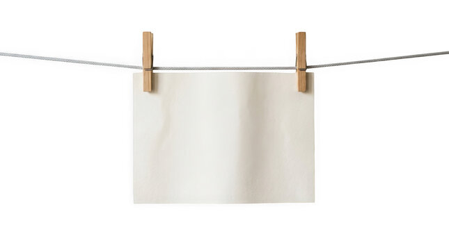 Blank paper note hanging on a wire with clothespins, isolated on transparent background