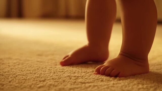 AI generated 4k video of baby feet taking first steps in warm sunset lighting.