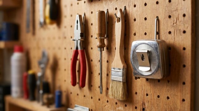 Various hand tools organized on a wooden pegboard in a workshop