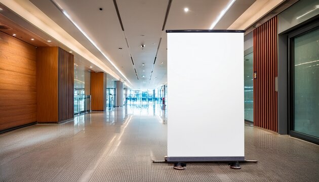 pull up banner mockup stands in the elegant building hallway blank roll up poster for advertising or marketing message in modern interior