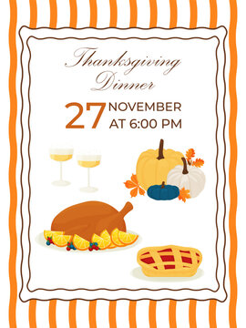 Thanksgiving Dinner invitation template with roasted turkey, festive pie and autumn harvest pumpkins