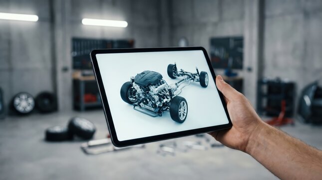 hand holding tablet with 3d car engine model. blurred auto repair shop background. modern automotive engineering and smart vehicle diagnostics concept. banner, website header with copyspace.
