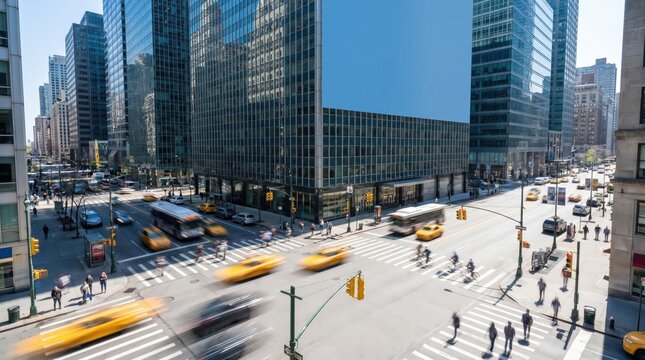 busy city intersection with blurred yellow taxis and pedestrians crossing street. modern glass skyscrapers in downtown business district. urban rush hour traffic. copyspace, banner, website header.