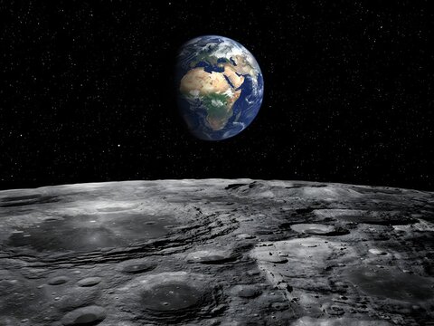 Earth Rising Over the Moon's Surface in Space