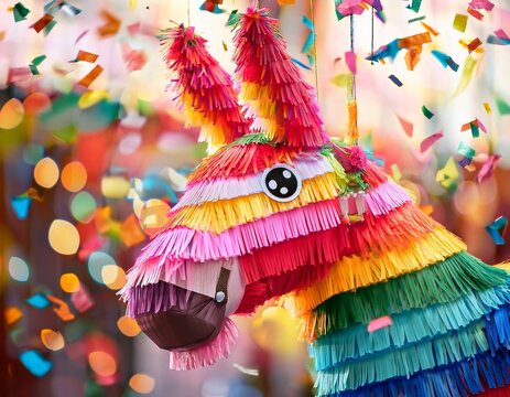 colorful funny donkey pinata hanging against blurry background with falling confetti hispanic decoration for las posadas