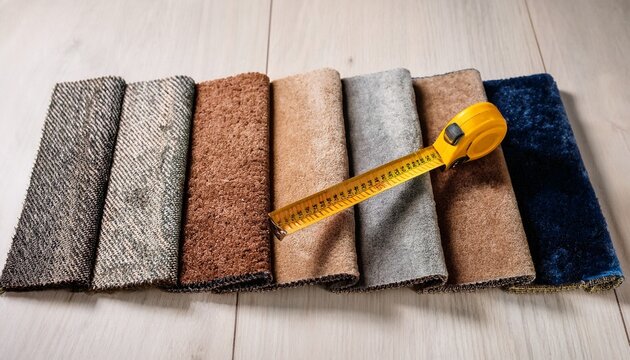 a selection of carpet swatches with a tape measure