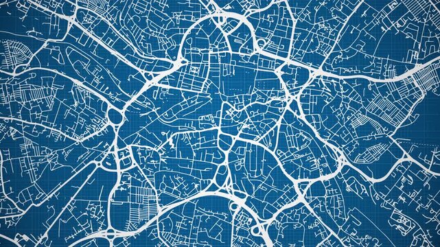Ink reveal animation of Leeds city, West Yorkshire, England, United Kingdom, grid map. Aerial top view. Blueprint style. White lines with blue background. 4K Seamless loop.