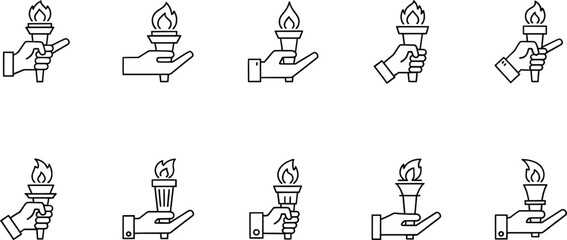 Fototapeta premium Torch holding icons collection, flame line art, freedom and enlightenment graphics, guidance illustration set, minimalist symbolic design elements