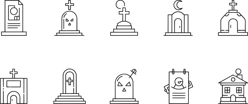 Tombstone and grave icons collection, cemetery and memorial design, Halloween and death concept, spooky silhouette illustration, black vector set