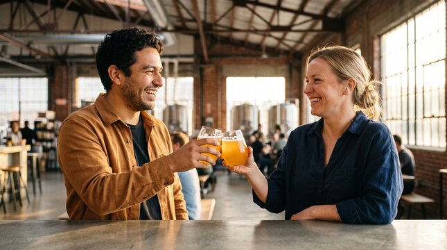 Diverse couple clinking beer glasses in brewery