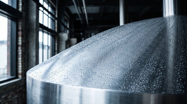 Stainless steel fermentation tank with condensation in brewery