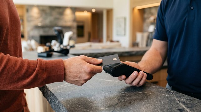 Customer Making Contactless Credit Card Payment at Hotel Reception