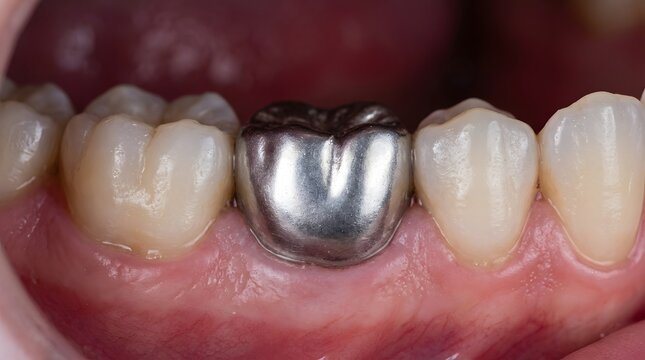 Close up of permanent metal dental crown installed on a lower molar tooth inside human mouth