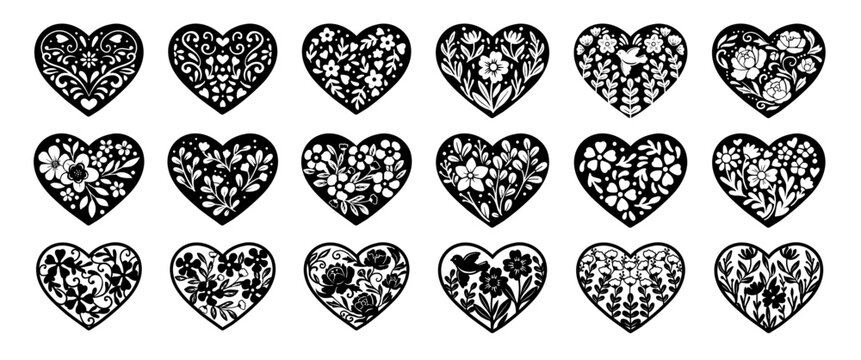 Beautiful floral lace silhouette vector heart. Heart stencil. Wedding and valentine illustration. Cute floral frame pattern