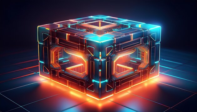 illuminated cubical structure an abstract composition of interlocking geometric forms with glowing accents