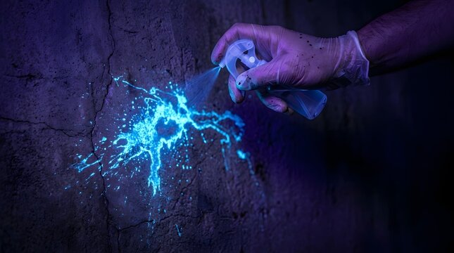 Gloved forensic hand spraying luminol to detect blood spatter on textured wall under UV light in dark room