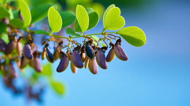 Bright green Griffonia leaves and dark purple seed pods grow in tropical West Africa during a sunny afternoon, showcasing natural herbal medicine in its habitat.
