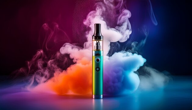 an e cigarette emerges from a vibrant and colorful cloud of vapor smoke on a dark background