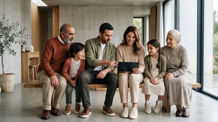 Fototapeta premium Multi-generational family sitting together using tablet at home