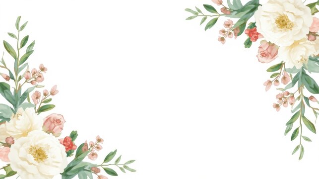 Elegant hand painted watercolor floral corner border with white peonies blush roses