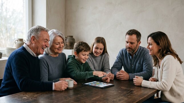 Multi-generational family gathered around wooden table using tablet