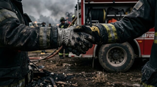 Firefighters shaking hands in agreement celebrating successful rescue teamwork at emergency fire scene