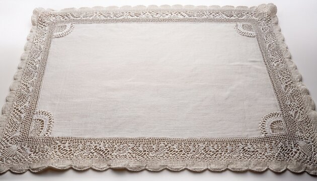 white cotton placemat with elaborate vintage lace border framing a plain textile area white background