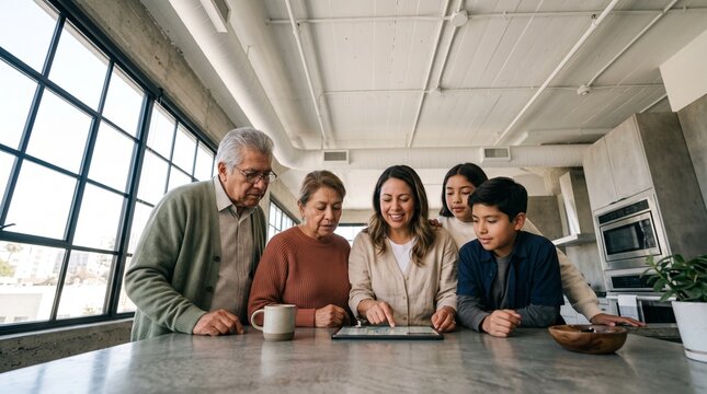 Multi-generational family gathering around kitchen island using tablet