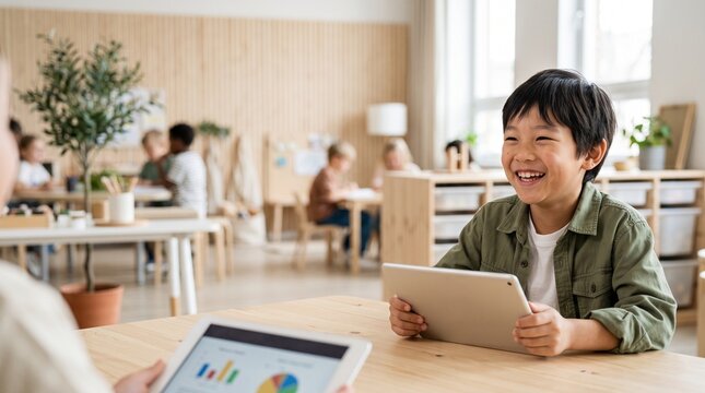 Happy Asian boy holding tablet in modern classroom